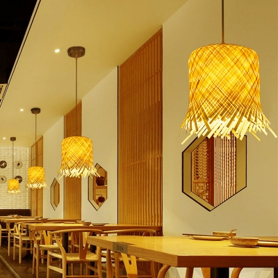 Fringe Suspension Pendant Asia Style Bamboo 1 Light Dining Room Hanging Ceiling Light in Beige