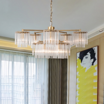 Gold 6/7/10 Lights Chandelier Traditional-Style Clear Crystal Cylinder Suspension Pendant Light