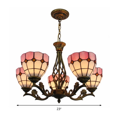 Grid Ceiling Chandelier 5 Lights Stained Art Glass Mediterranean Hanging Lamp in Pink for Living Room
