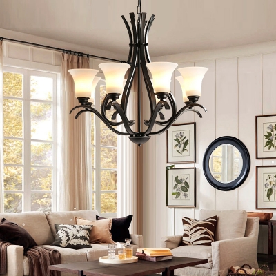 Ivory Glass Flared Chandelier Lamp Traditional 3/6/8 Heads Dining Room Pendant Light Fixture in Black