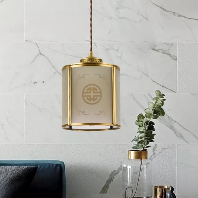 Lantern Opaline Glass Suspension Light Traditional 1 Bulb Hallway Pendant Lamp in Brass