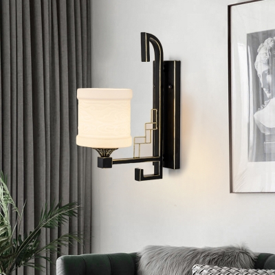 Metal Black Wall Mount Lighting Cylinder 1 Bulb Traditionalism Flush Wall Sconce with Fabric Shade