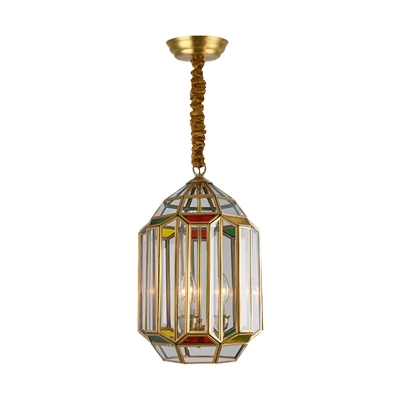 Metal Gold Chandelier Lantern 3 Lights Colonialism Down Lighting Pendant with Clear Glass Shade