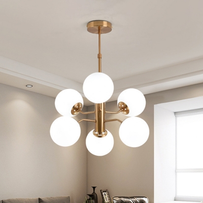 Modern 6 Bulbs Ceiling Chandelier Gold Round Hanging Light Kit with White Glass Shade
