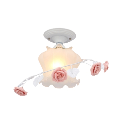 Opal Glass Bloom Ceiling Lighting Countryside 1 Head Bedroom Flush Mount Fixture in White/Green