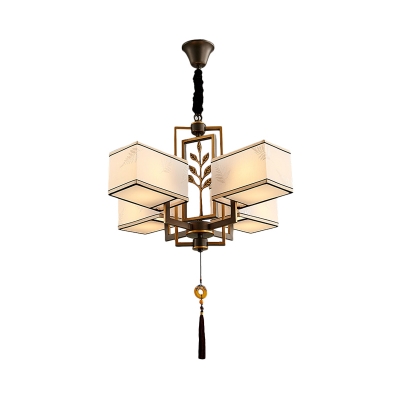 Rectangle Living Room Ceiling Chandelier Traditional Metal 4/6/8 Heads Black Hanging Light Fixture with White Fabric Shade