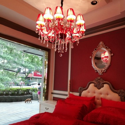 Red Conical Chandelier Light Modernism 6 Heads Beveled Glass Crystal Pendant Lighting for Bedroom