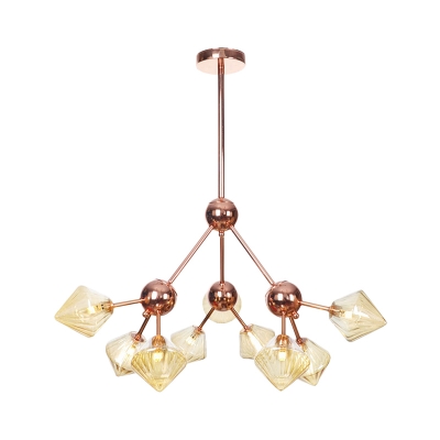 Rose Gold Starburst Chandelier Light Contemporary 9 Bulbs Metal Suspended Lighting Fixture with Amber Glass Shade
