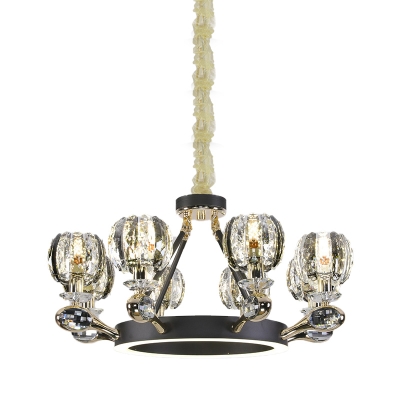 Round Pendant Chandelier Traditionalism Crystal 6/8 Heads Black Ceiling Light for Bedroom