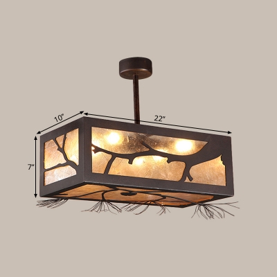 Rust 6 Heads Semi Flush Mount Cottage Metal Rectangle Ceiling Light Fixture with Tree Pattern