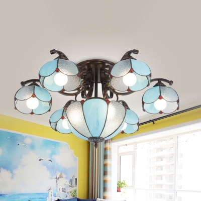 Scalloped Semi Flush Light Fixture Tiffany Blue/White/Gray Glass 9 Heads Ceiling Mount Light