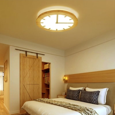Simple Clock Shaped Wood Flush Mount Lighting LED Flush Ceiling Light Fixture in Beige