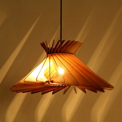 South-East Asia Hat Pendant Lighting Wood 1 Bulb Hanging Light Fixture in Beige for Living Room