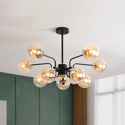Spherical Living Room Ceiling Chandelier Amber Glass 10 Heads Modernism Hanging Light Fixture