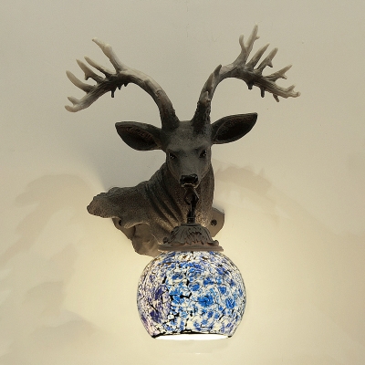 Stained Glass Deer Head Sconce Light Fixture Mediterranean 1 Light Yellow/Blue/White Wall Mounted Lamp for Corridor