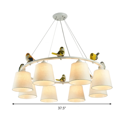 Tapered Fabric Ceiling Chandelier Contemporary 8 Lights Flaxen Suspension Pendant with Bird Deco