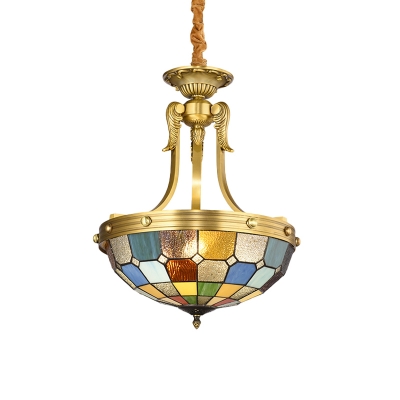 Tiffany Grid Patterned Hanging Chandelier 3 Heads Stained Art Glass Pendant Ceiling Light in Blue/Textured Silver