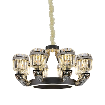 Traditional Cylindrical Chandelier Pendant Light Crystal 6/8 Bulbs Living Room Suspension Lamp in Black