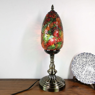 Turkish Oval Table Lamp Single Bulb Stained Crackle Glass Night Table Light in Bronze for Restaurant
