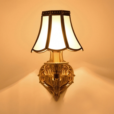 White Flared Wall Sconce Traditional Frosted Glass 1/2 Lights Wall Mounted Lamp with Curly Gold Arm