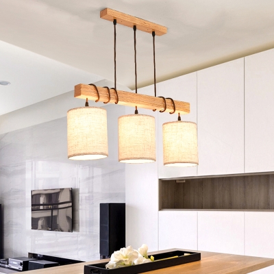 Wood Cylinder Hanging Chandelier Contemporary 3 Lights Fabric Island Light for Dining Room