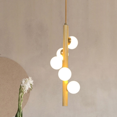 Wood Pipe Hanging Chandelier Modernist 5 Heads Beige Ceiling Pendant Light for Bedroom