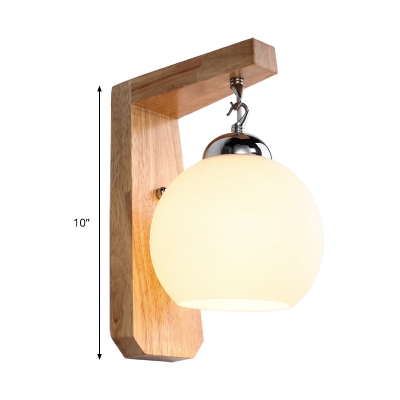1 Bulb Living Room Sconce Light Chinese Beige Wall Mounted Light with Globe Milky Glass Shade