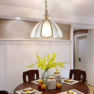 1 Bulb Scalloped Hanging Pendant Light Colonial Frosted White Glass Ceiling Suspension Lamp for Dining Room