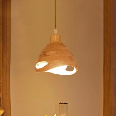 1 Head Bedroom Ceiling Light Modernism Beige Suspended Lighting Fixture with Dome Wood Shade