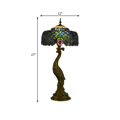 1 Head Peacock Desk Light Tiffany Brass Hand-Crafted Glass Task Light for Reading Room