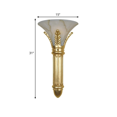 1 Head Wall Light Sconce Retro Style Trumpet Shade White Glass Wall Mount Lighting in Gold for Bedroom