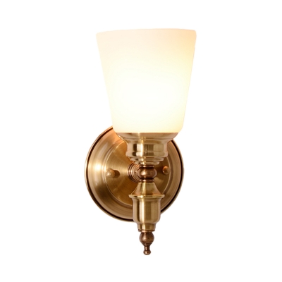 1-Light Tapered Wall Light Vintage Stylish White Glass Wall Sconce Fixture in Gold for Bedroom