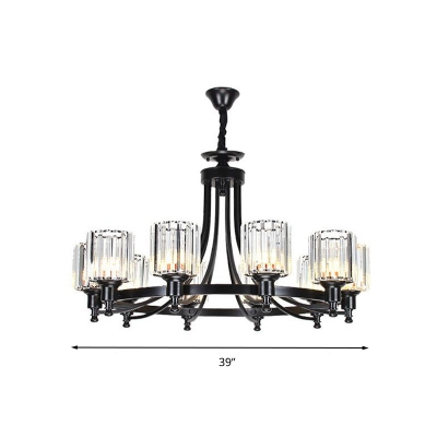 10 Lights Living Room Chandelier Pendant Modern Style Black/Brass Ceiling Lamp with Cylinder Crystal Shade