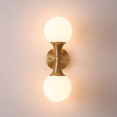 2 Heads Round Wall Lighting Modernist Opal Glass Sconce Light Fixture in Brass for Stairway