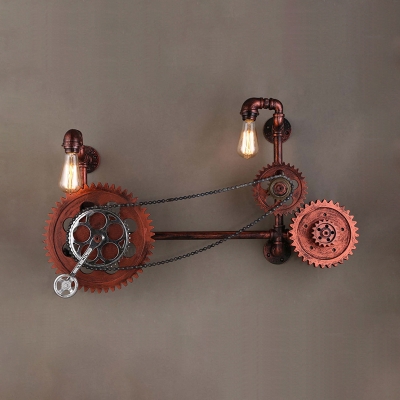 2 Lights Metal Wall Lighting Industrial Aged Copper Bare Bulb Indoor Sconce Light with Gear Design