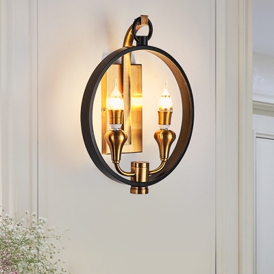 2 Lights Wall Sconce Lamp Vintage Style Ring Shape Metal Wall Light with Open Bulb in Black for Corridor