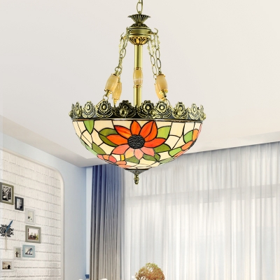 3/4 Bulbs Blossom Chandelier Lighting Tiffany Red/Green Stained Glass Pendant Light for Living Room