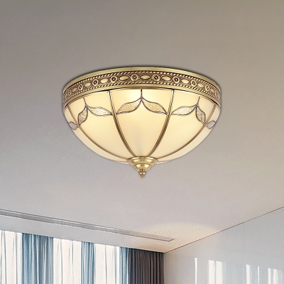 3/4 Lights Frosted Glass Flush Mount Lighting Fixture Traditional Gold Bowl Living Room Close to Ceiling Light, 12.5