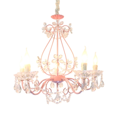 3/5 Bulbs Candle Pendant Lamp Traditionalism Pink Crystal Chandelier Light Fixture for Bedroom