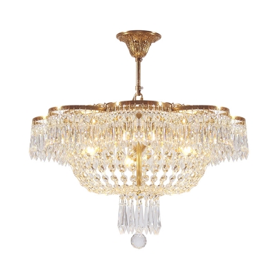 4 Heads Crystal Strand Ceiling Light Traditional Gold Cloche Bedroom Hanging Chandelier