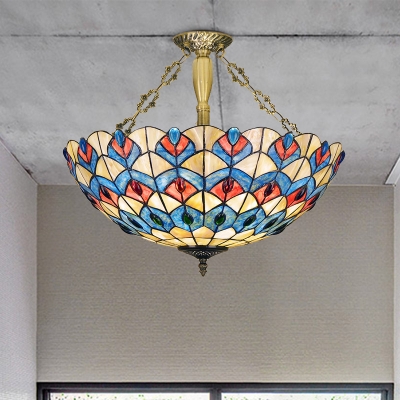 4 Lights Bedroom Ceiling Flush Tiffany Style Antique Brass Semi Flush Mount Light with Dome Stained Glass Shade