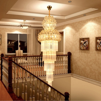 5 Layers Clear Crystal Rod Chandelier Lighting Traditional 12 Heads Stairway Hanging Lamp Kit