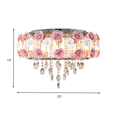 6/8 Heads Metal Flush Mount Pastoral Pink Drum Bedroom Close to Ceiling Lighting with Clear Crystal Drop