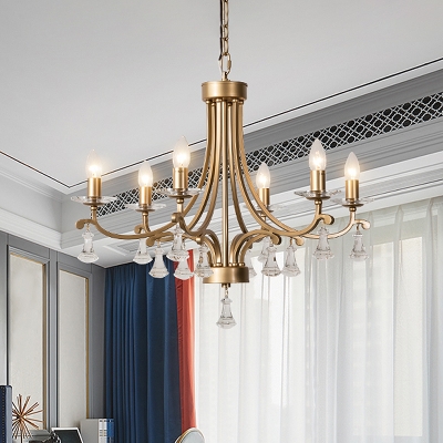 6/9 Lights Crystal Ceiling Chandelier Minimalism Brass Curved Arm Living Room Hanging Lamp