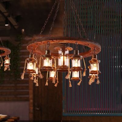 9 Lights Metal Hanging Light Coastal Brown Lantern Dining Room Chandelier with Wood Shelf