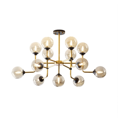 Amber Glass Globe Semi Flush Mount Modernism 9/13 Heads Ceiling Light Fixture in Brass for Living Room