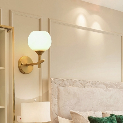Armed Sconce Light Contemporary Metal 1 Bulb Brass Wall Mount Lighting with Opal Glass Shade