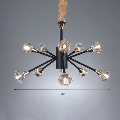 Black 10 Heads Hanging Ceiling Light Fixture Traditional Pyramid Crystal Sputnik Chandelier Lighting