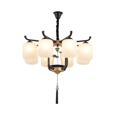 Black 6/8/10 Heads Chandelier Light Traditionalism Opal Glass Cylindrical Suspended Lighting Fixture for Living Room