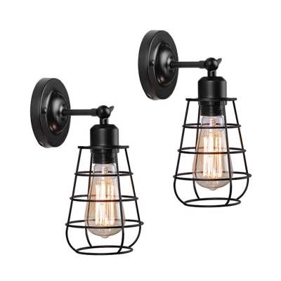 Black Wire Frame Wall Sconce Light Industrial Stylish 1/2-Bulb Metal Wall Mounted Lamp with Plug in Cord for Bedroom